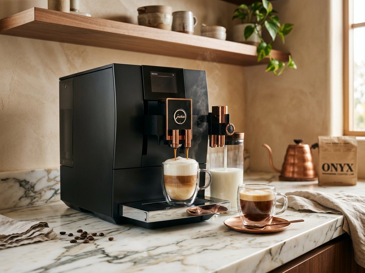 Super automatic bean-to-cup coffee machine pouring a cappuccino