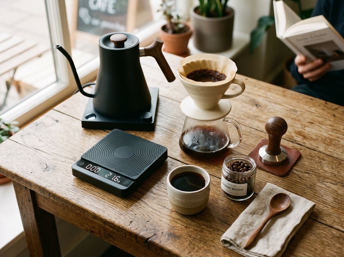 Specialty brewing tools including gooseneck kettle, digital scale, and dripper