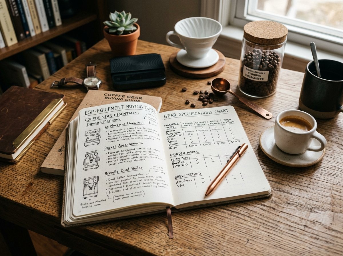 Coffee equipment buyer guide notebook on a wooden desk