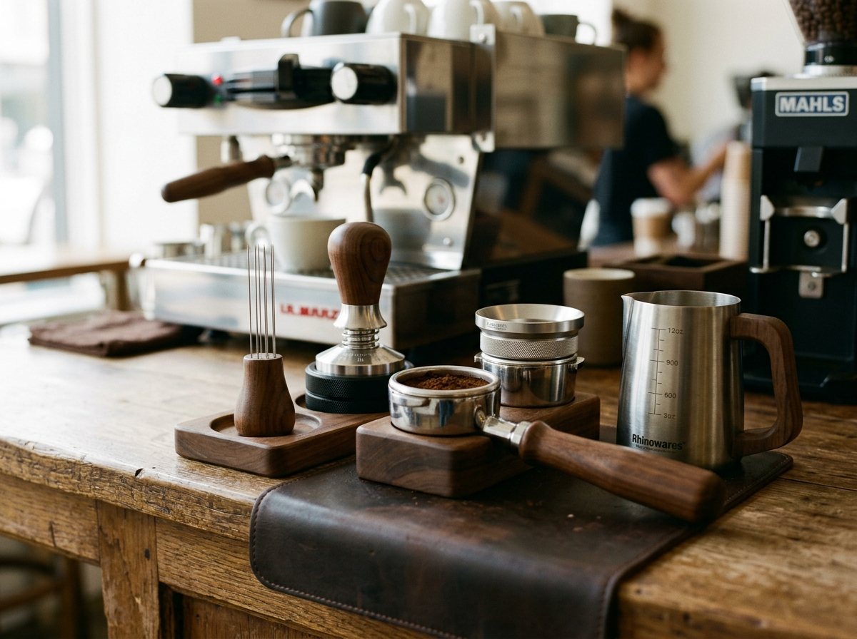 Bottomless portafilter, WDT needle tool, and milk frothing pitcher