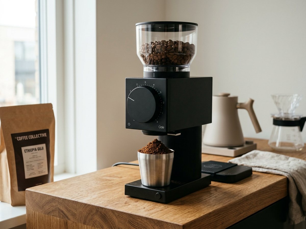 Precision electric coffee burr grinder on a wooden coffee bar