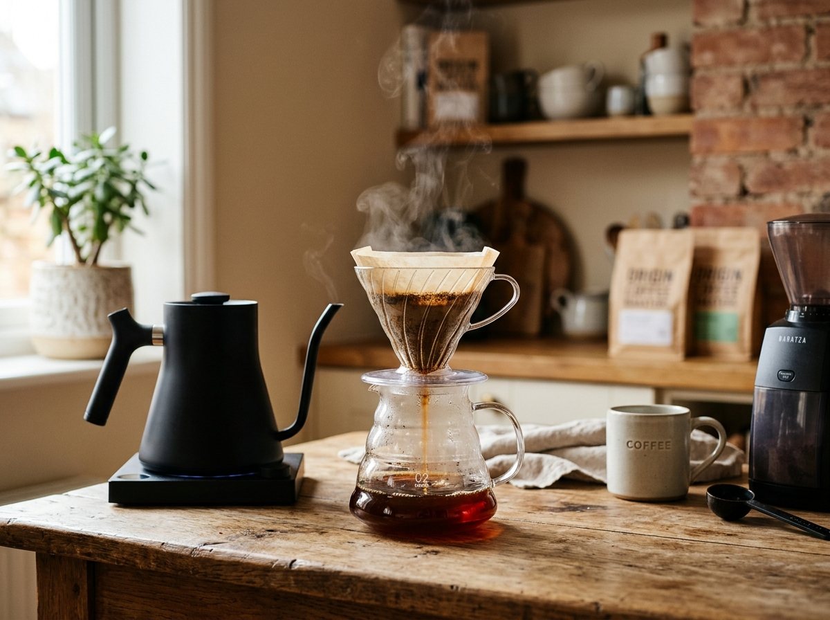 Specialty pour-over coffee dripper and glass carafe with artisan brewed coffee