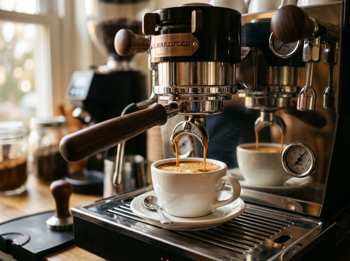 Semi-automatic espresso machine extracting a rich espresso shot