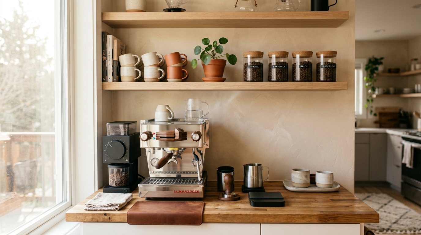 Warm, well-designed home coffee bar setup with espresso machine, grinder, and ceramic mugs