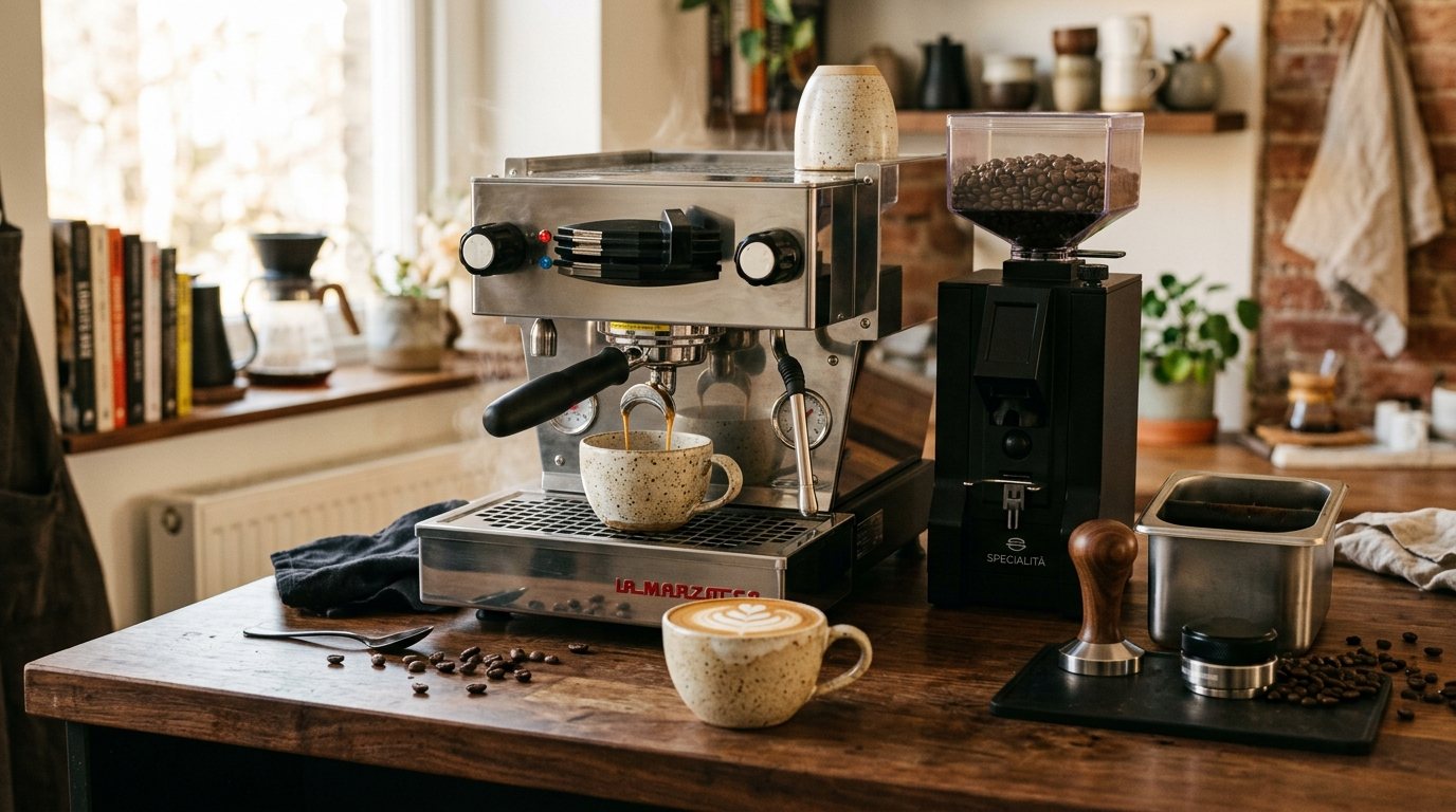 Premium home espresso setup with stainless steel espresso machine and burr grinder on a warm oak counter