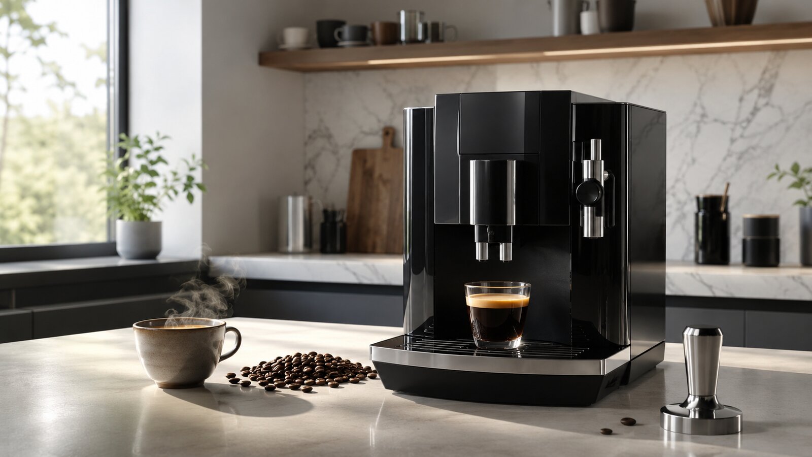Jura E4 - Jura E4 Piano Black Automatic Coffee Machine countertop setup and design overview
