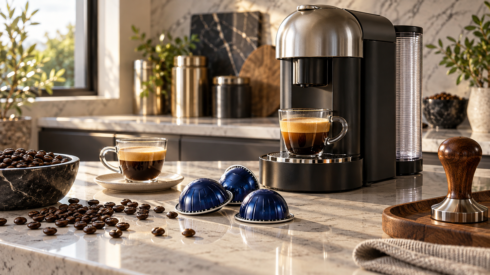 Nespresso Vertuo Diavolitto 50-count coffee pod box shown on a kitchen countertop next to a Vertuo machine