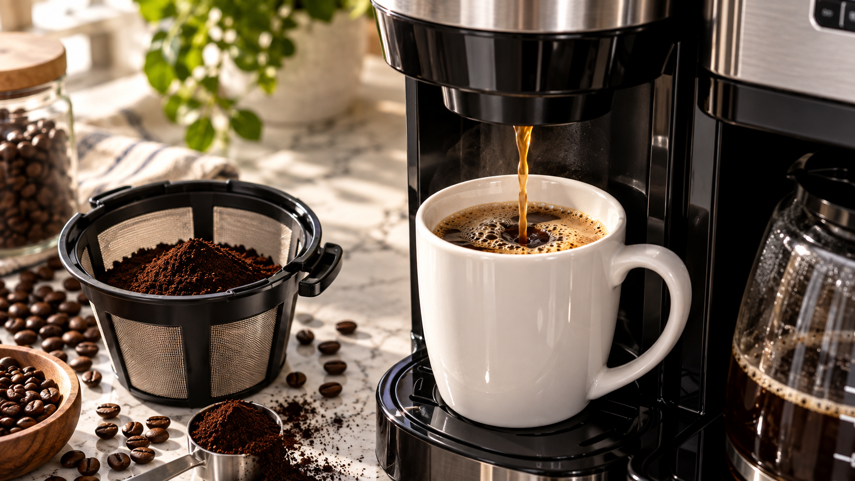 Hamilton Beach 2 - single-serve brew basket, carafe pour spout, and daily brewing workflow detail