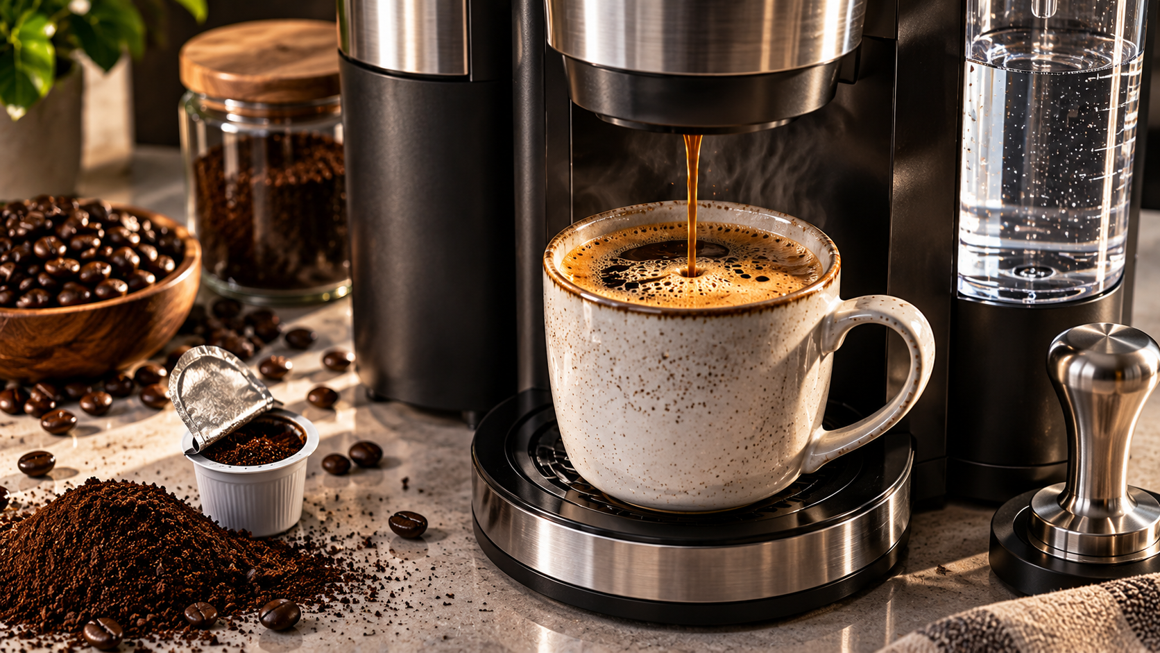 Ninja Coffee Maker - grounds basket, K-Cup pod adapter, brew size display, and frother whisk close-up