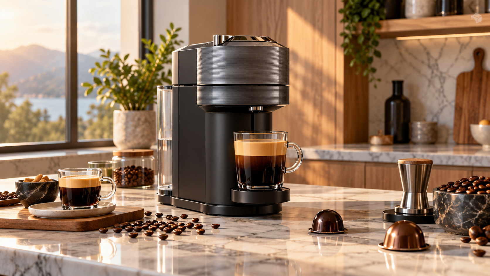 Nespresso Vertuo Next - Nespresso Vertuo Next Coffee and Espresso Maker by De'Longhi, Creamy White and Gold countertop setup and design overview