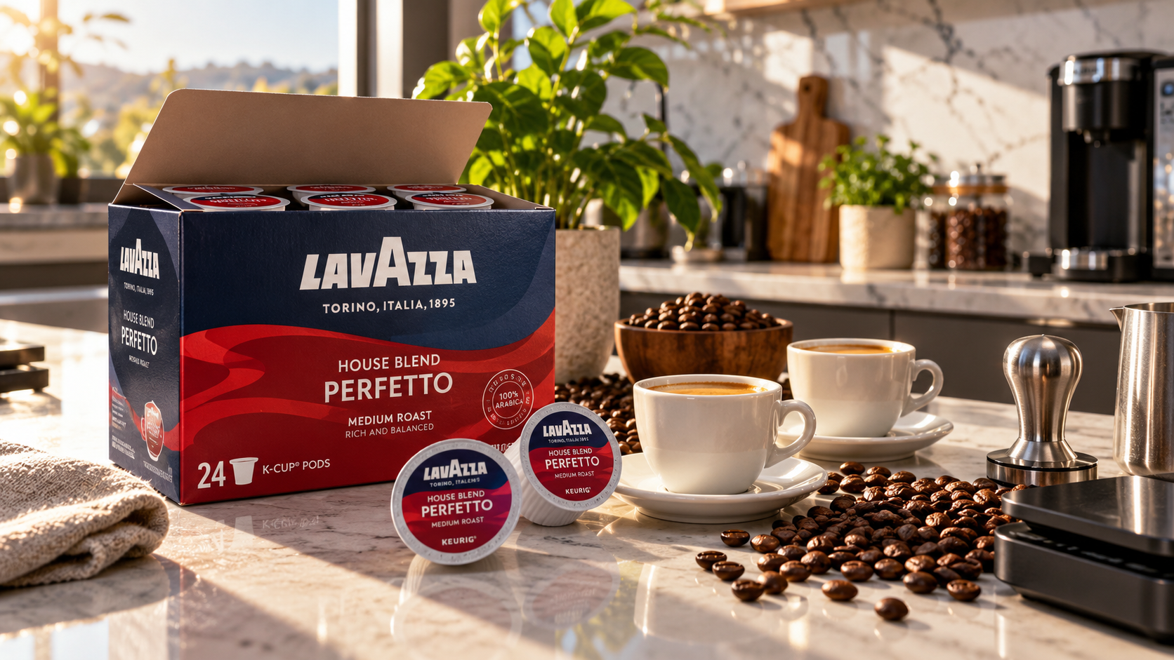 Lavazza House Blend - Lavazza House Blend Perfetto, Single-Serve Keurig K-Cup Pods, Medium Roast Coffee, 60-Count Box (6 Packs of 10) countertop setup and design overview