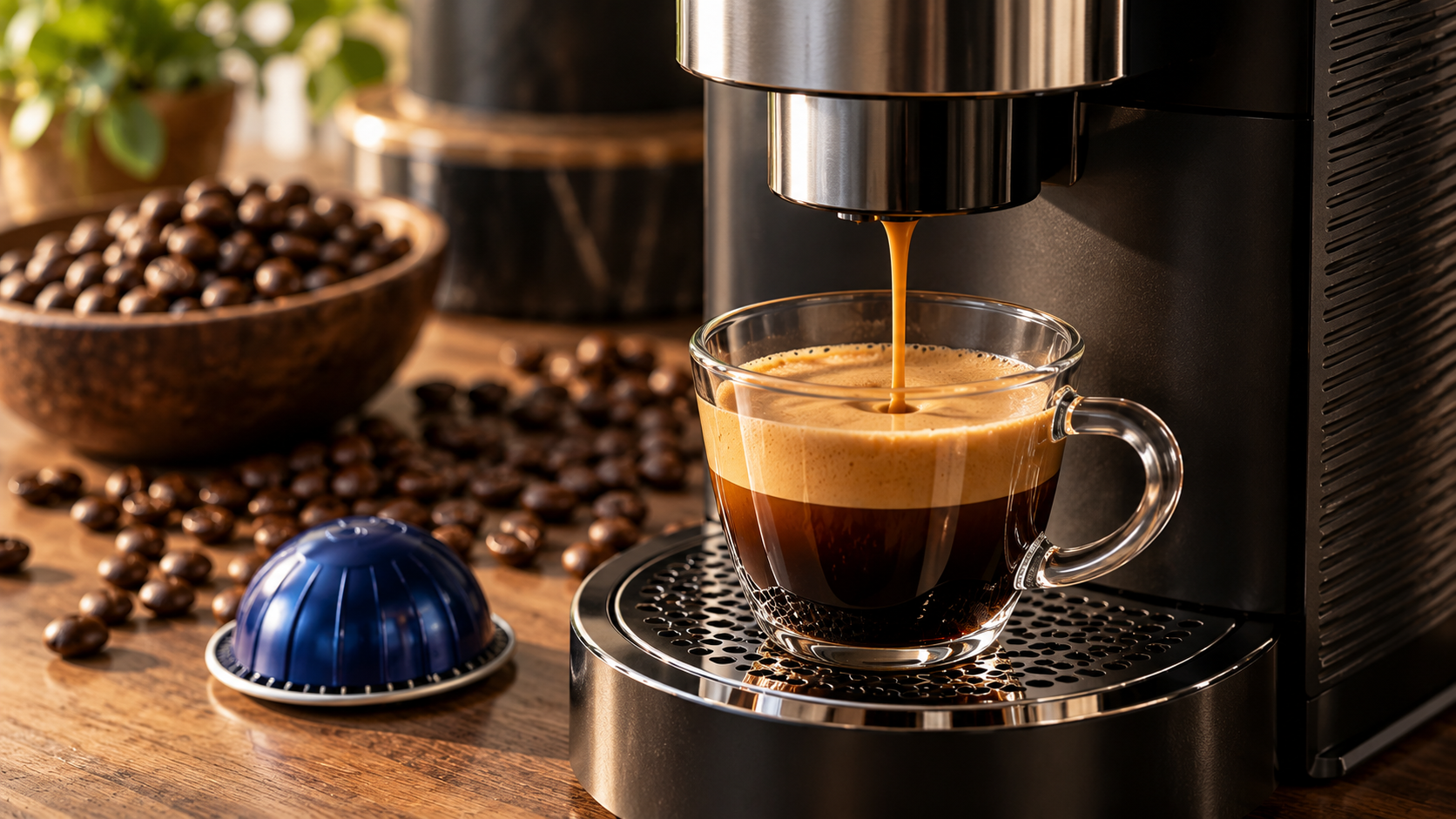 Nespresso Vertuo Diavolitto capsule extraction showing dark crema in a cup after brewing