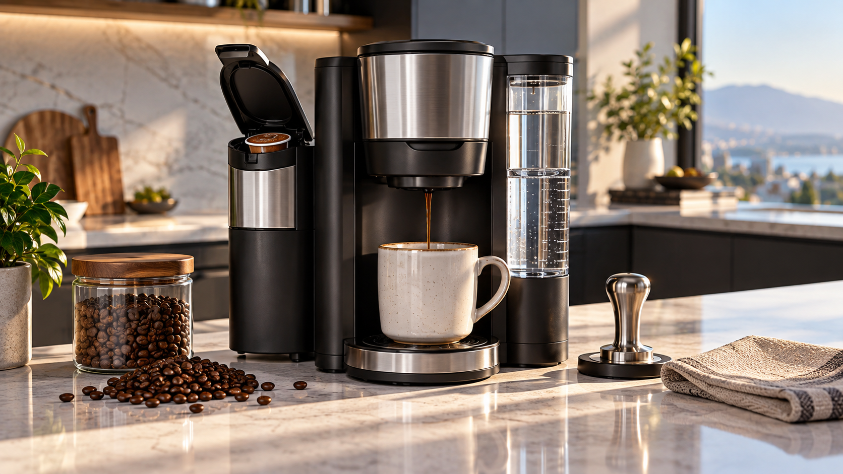 Ninja Coffee Maker - Ninja Pods & Grounds Coffee Maker, K-Cup Compatible, Glacier Blue, PB051GB countertop setup and design overview