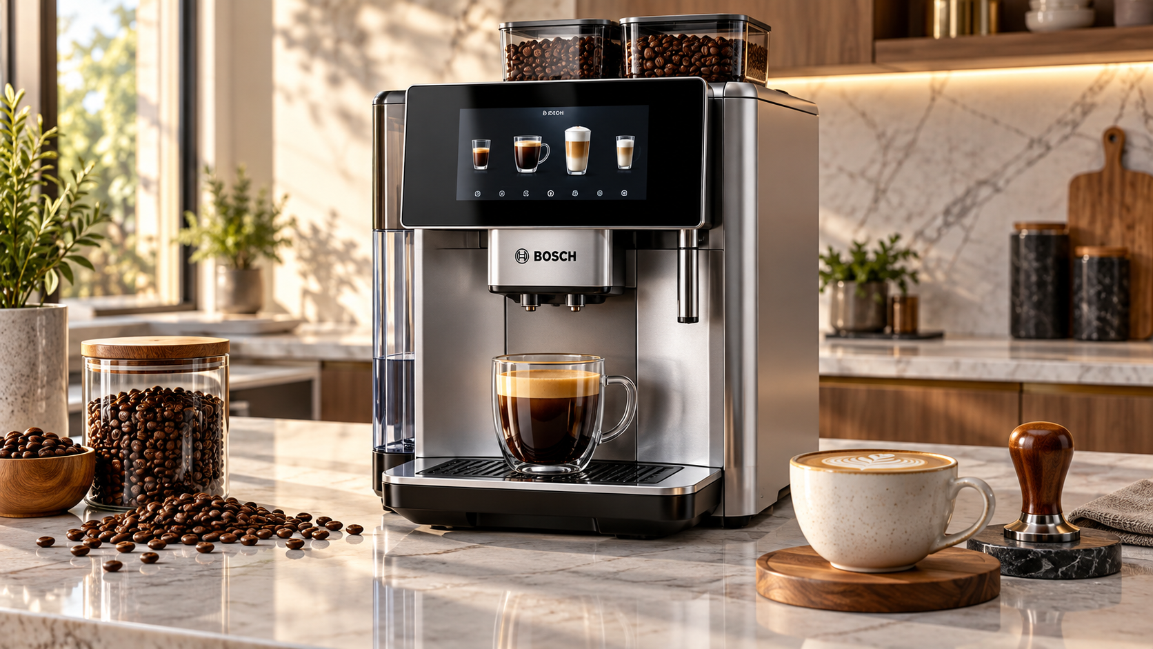 Bosch 800 Series - Bosch 800 Series Fully Automatic Coffee, Espresso Machine - Silver countertop setup and design overview
