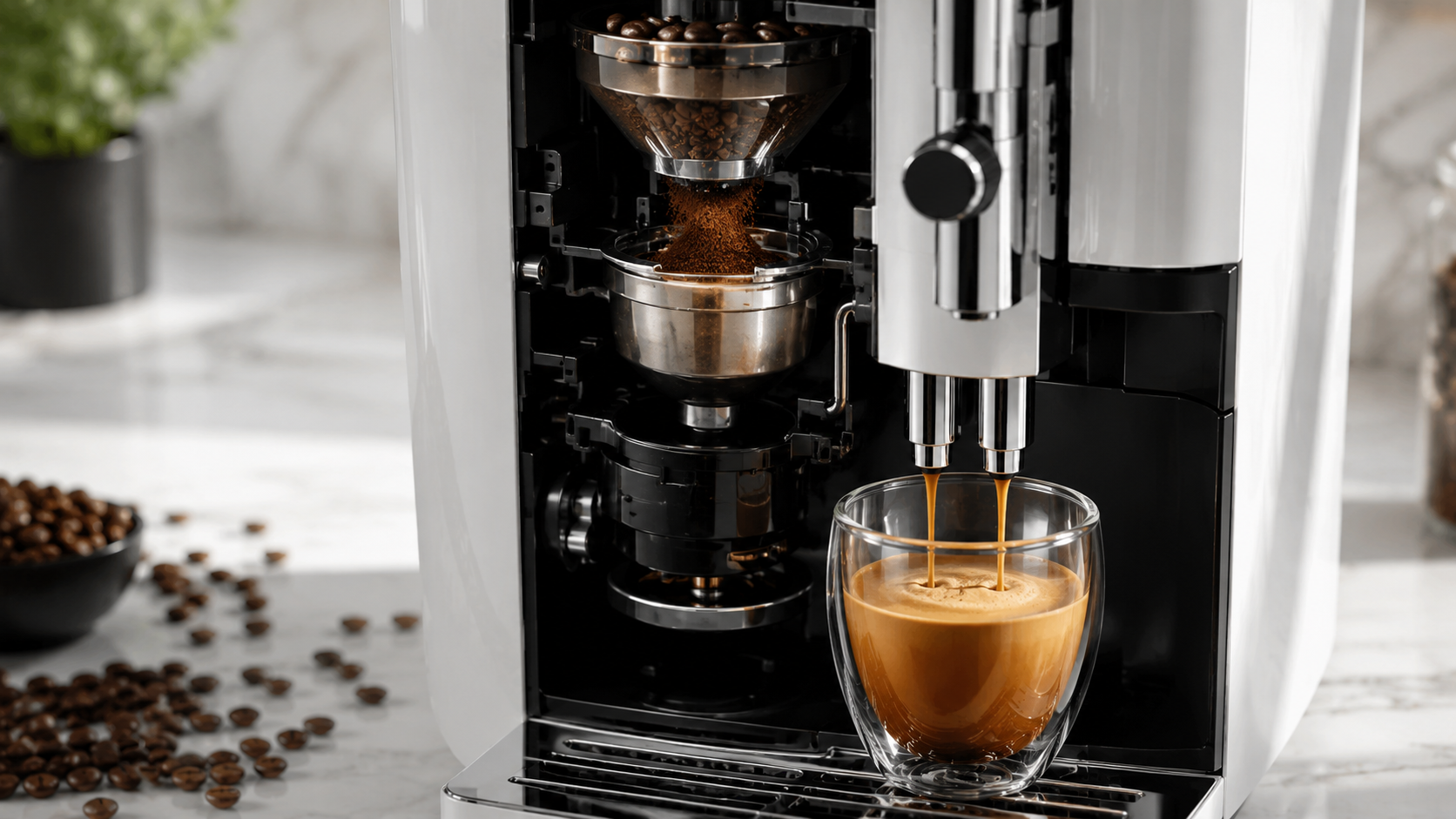 Jura E4 Piano - espresso extraction, portafilter workflow, and steam wand details