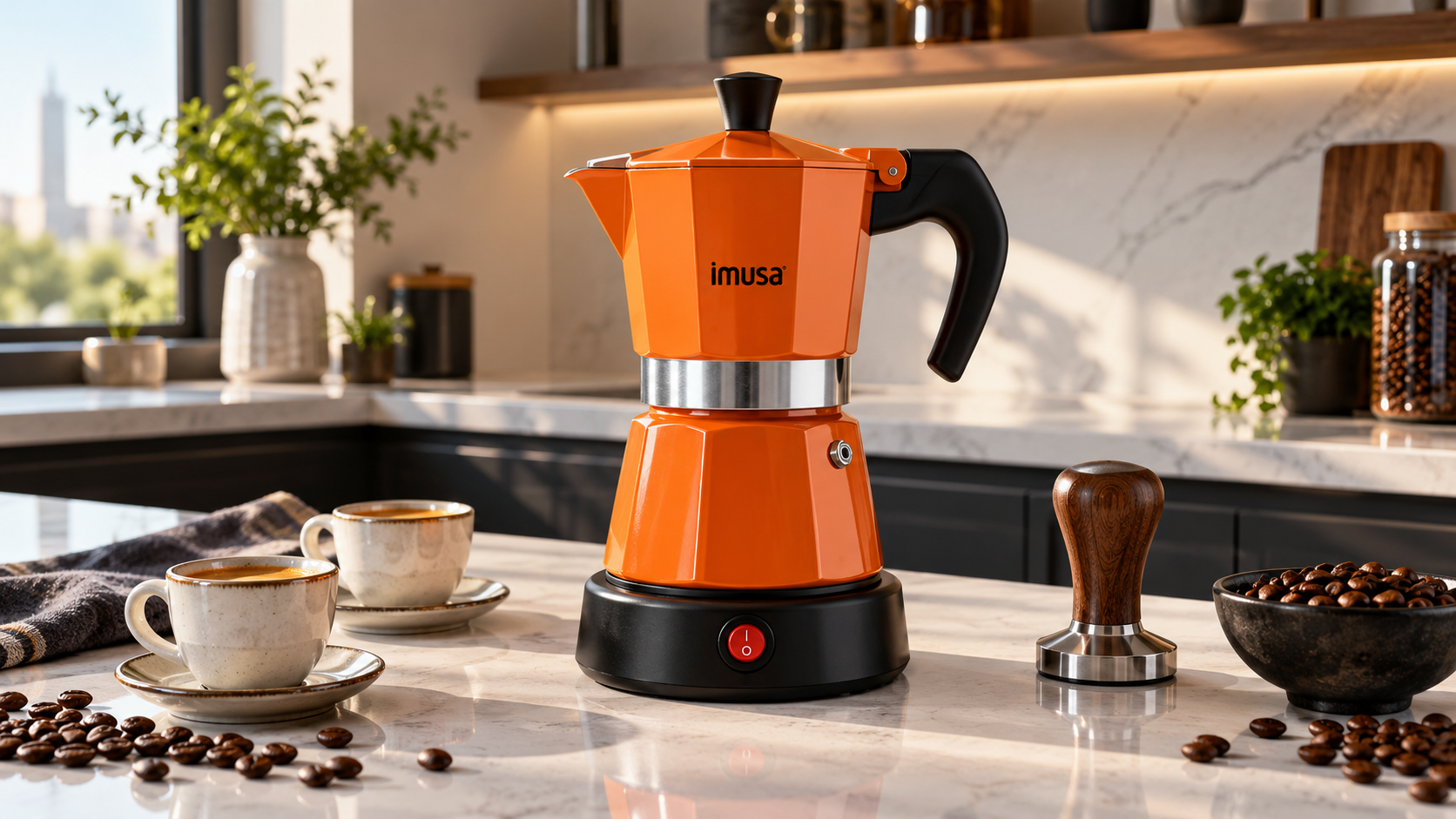 Imusa Electric Espresso Maker - IMUSA 6 or 3 Cup Electric Espresso Maker with Cool-Touch Handle, Orange countertop setup and design overview