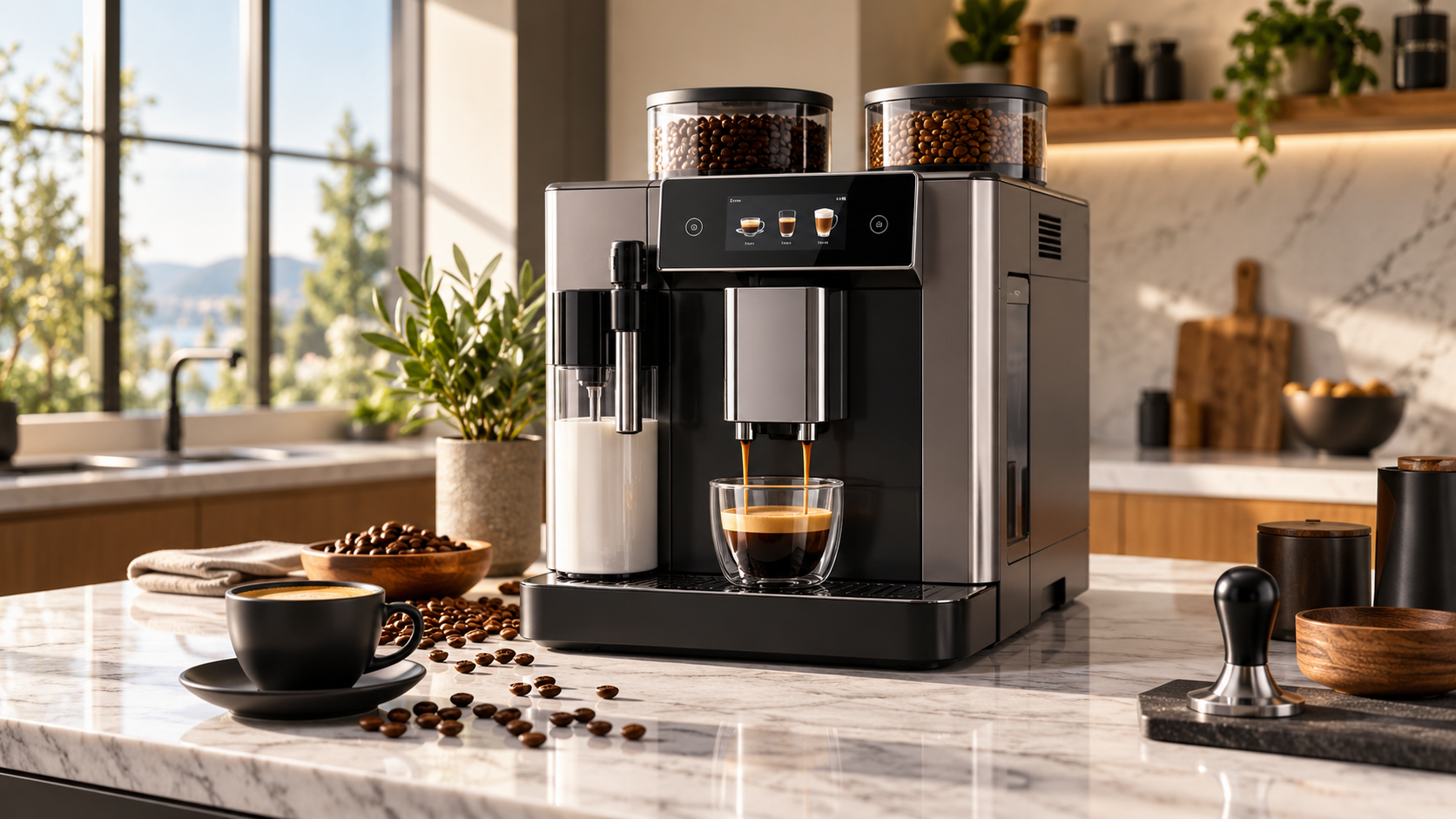 DeLonghi Rivelia - De'Longhi Rivelia Automatic Espresso Machine, Milk Frother, White countertop setup and design overview